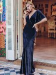 Elegant Double V Neck Velvet Party Dress with Sleeves – Navy Blue