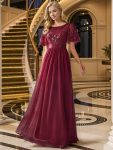 Women’s A-Line Sequin Leaf Maxi Prom Dress with Sleeves – Burgundy