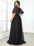 Women’s A-Line Short Sleeve Embroidery Floor Length Evening Dresses – Black