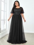 Women’s A-Line Short Sleeve Embroidery Floor Length Evening Dresses – Black