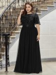 Women’s A-Line Sequin Leaf Maxi Prom Dress with Sleeves – Black