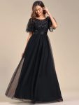 Women’s A-Line Short Sleeve Embroidery Floor Length Evening Dresses – Black