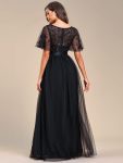 Women’s A-Line Short Sleeve Embroidery Floor Length Evening Dresses – Black