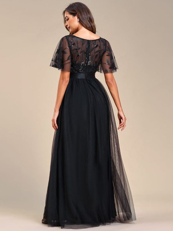 Women's A-Line Short Sleeve Embroidery Floor Length Evening Dresses - Black