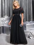 Women’s A-Line Short Sleeve Embroidery Floor Length Evening Dresses – Black