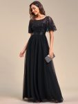 Women’s A-Line Short Sleeve Embroidery Floor Length Evening Dresses – Black