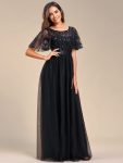 Women’s A-Line Short Sleeve Embroidery Floor Length Evening Dresses – Black