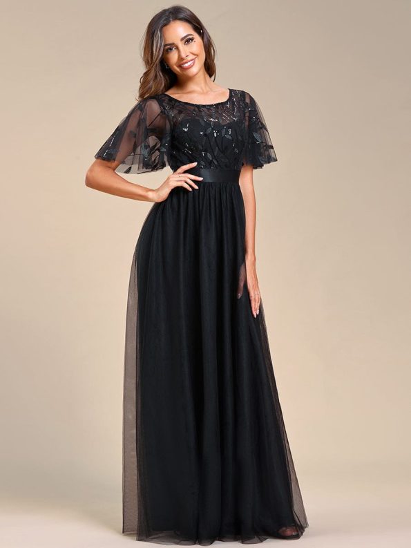 Women's A-Line Short Sleeve Embroidery Floor Length Evening Dresses - Black