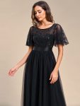 Women’s A-Line Short Sleeve Embroidery Floor Length Evening Dresses – Black