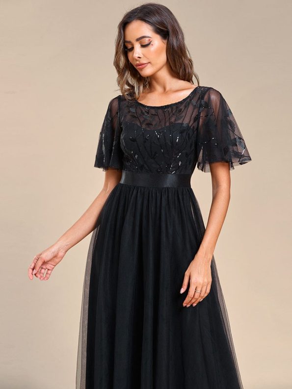 Women's A-Line Short Sleeve Embroidery Floor Length Evening Dresses - Black