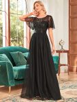 Women’s A-Line Sequin Leaf Maxi Prom Dress with Sleeves – Black