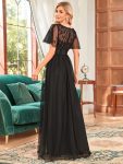 Women’s A-Line Sequin Leaf Maxi Prom Dress with Sleeves – Black