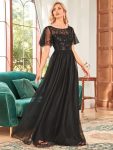 Women’s A-Line Sequin Leaf Maxi Prom Dress with Sleeves – Black