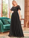 Women’s A-Line Sequin Leaf Maxi Prom Dress with Sleeves – Black