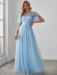 Women’s A-Line Short Sleeve Embroidery Floor Length Evening Dresses – Sky Blue