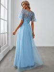 Women’s A-Line Short Sleeve Embroidery Floor Length Evening Dresses – Sky Blue