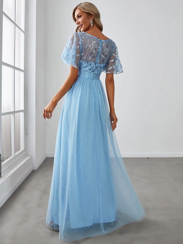 Women's A-Line Short Sleeve Embroidery Floor Length Evening Dresses - Sky Blue