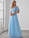 Women’s A-Line Sequin Leaf Maxi Prom Dress with Sleeves – Sky Blue