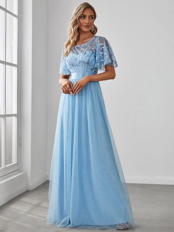 Women's A-Line Sequin Leaf Maxi Prom Dress with Sleeves - Sky Blue