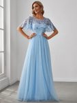 Women’s A-Line Short Sleeve Embroidery Floor Length Evening Dresses – Sky Blue