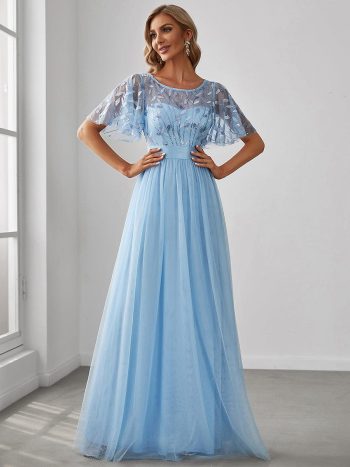 Women's A-Line Short Sleeve Embroidery Floor Length Evening Dresses - Sky Blue