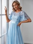 Women’s A-Line Short Sleeve Embroidery Floor Length Evening Dresses – Sky Blue