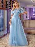 Women’s A-Line Sequin Leaf Maxi Prom Dress with Sleeves – Sky Blue