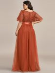 Women’s A-Line Sequin Leaf Maxi Prom Dress with Sleeves – Burnt Orange