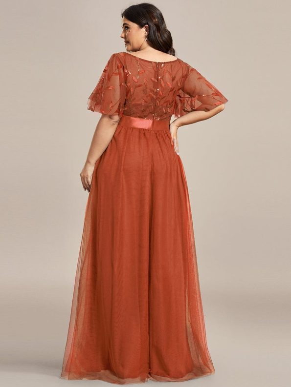 Women's A-Line Sequin Leaf Maxi Prom Dress with Sleeves - Burnt Orange