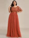 Women’s A-Line Sequin Leaf Maxi Prom Dress with Sleeves – Burnt Orange