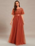 Women’s A-Line Short Sleeve Embroidery Floor Length Evening Dresses – Burnt Orange