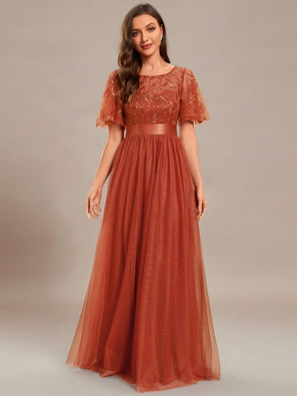 Women's A-Line Short Sleeve Embroidery Floor Length Evening Dresses - Burnt Orange