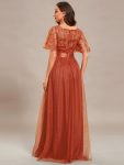 Women’s A-Line Short Sleeve Embroidery Floor Length Evening Dresses – Burnt Orange