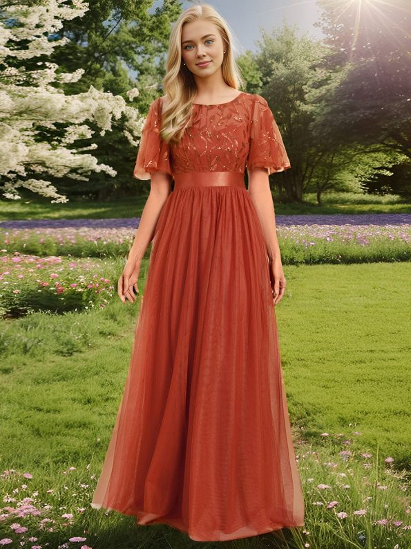 Women's A-Line Short Sleeve Embroidery Floor Length Evening Dresses - Burnt Orange