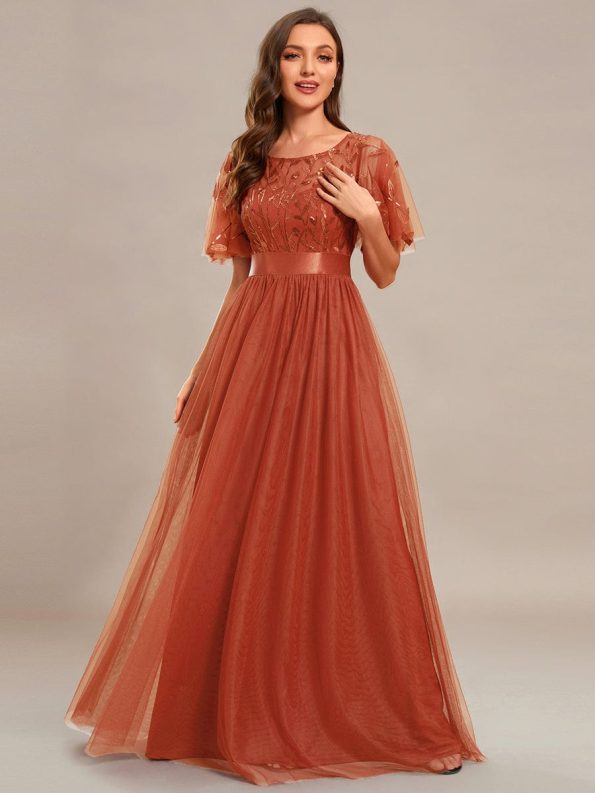 Women's A-Line Short Sleeve Embroidery Floor Length Evening Dresses - Burnt Orange