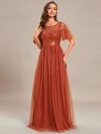 Women’s A-Line Short Sleeve Embroidery Floor Length Evening Dresses – Burnt Orange