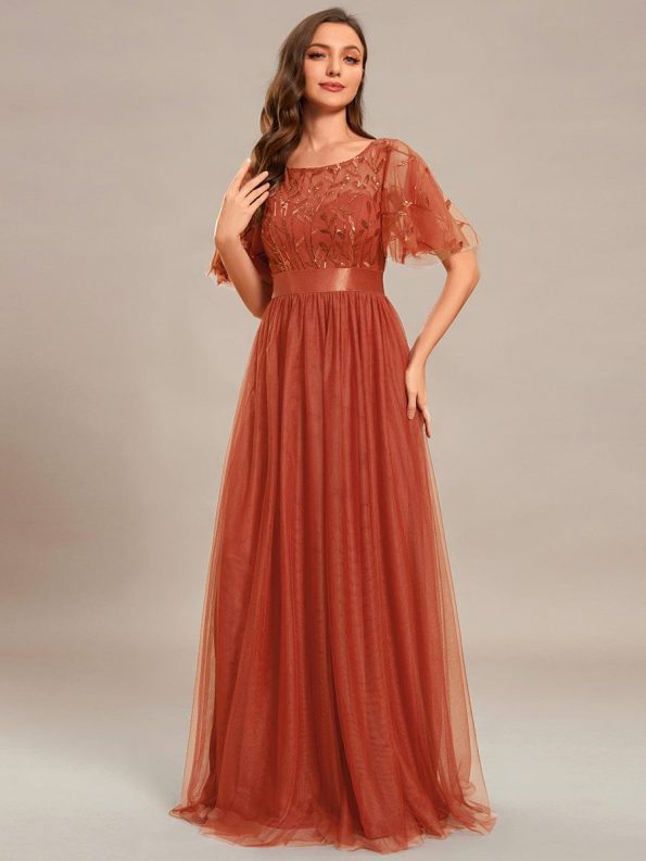 Women's A-Line Short Sleeve Embroidery Floor Length Evening Dresses - Burnt Orange