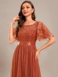 Women’s A-Line Short Sleeve Embroidery Floor Length Evening Dresses – Burnt Orange