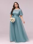 Women’s A-Line Sequin Leaf Maxi Prom Dress with Sleeves – Dusty Blue