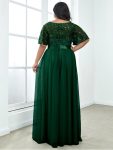 Women’s A-Line Sequin Leaf Maxi Prom Dress with Sleeves – Dark Green