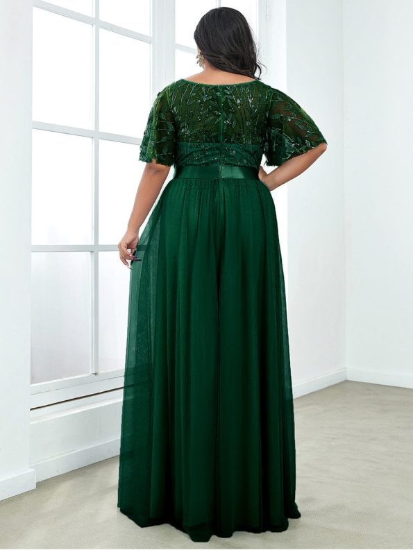 Women's A-Line Sequin Leaf Maxi Prom Dress with Sleeves - Dark Green