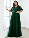 Women’s A-Line Sequin Leaf Maxi Prom Dress with Sleeves – Dark Green