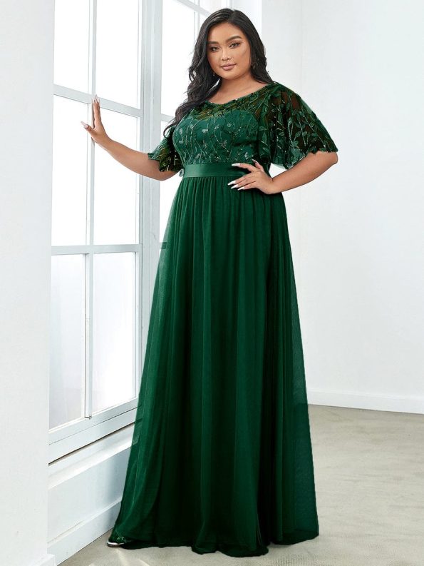 Women's A-Line Sequin Leaf Maxi Prom Dress with Sleeves - Dark Green