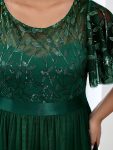 Women’s A-Line Sequin Leaf Maxi Prom Dress with Sleeves – Dark Green