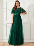 Women’s A-Line Sequin Leaf Maxi Prom Dress with Sleeves – Dark Green