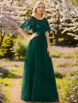 Women’s A-Line Sequin Leaf Maxi Prom Dress with Sleeves – Dark Green