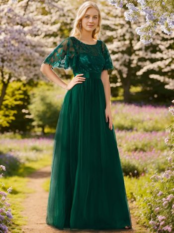 Women's A-Line Sequin Leaf Maxi Prom Dress with Sleeves - Dark Green