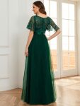 Women’s A-Line Sequin Leaf Maxi Prom Dress with Sleeves – Dark Green