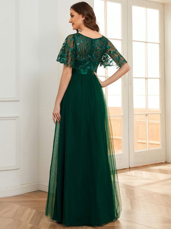 Women's A-Line Sequin Leaf Maxi Prom Dress with Sleeves - Dark Green