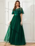 Women’s A-Line Sequin Leaf Maxi Prom Dress with Sleeves – Dark Green